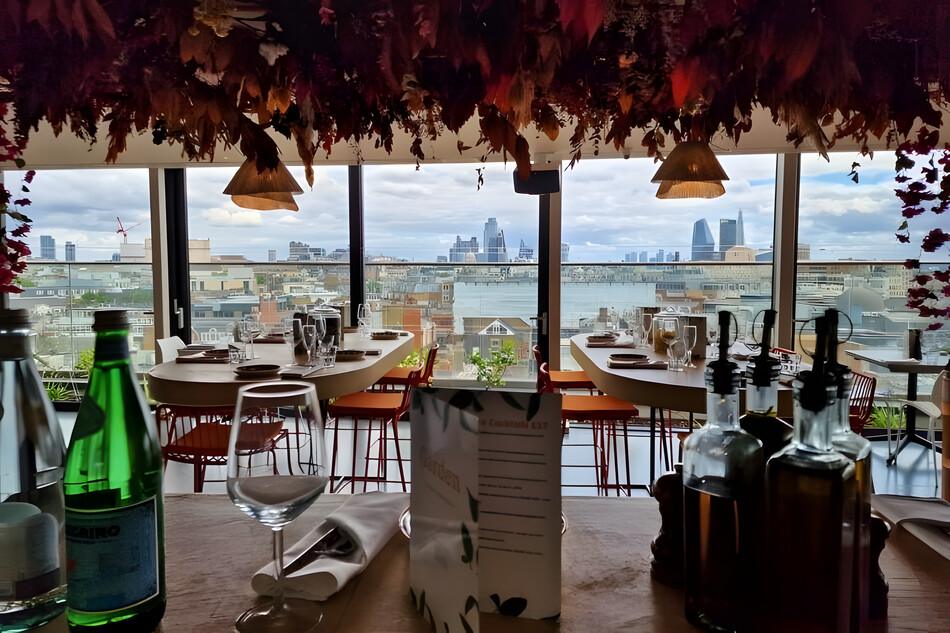 Rooftop restaurant dining with London skyline city view