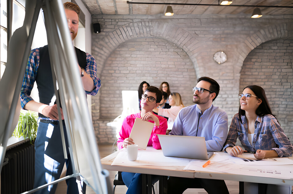 Presentation and creative briefing held in office to coworkers