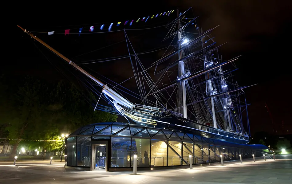 Cutty Sark interior and extrior evening views